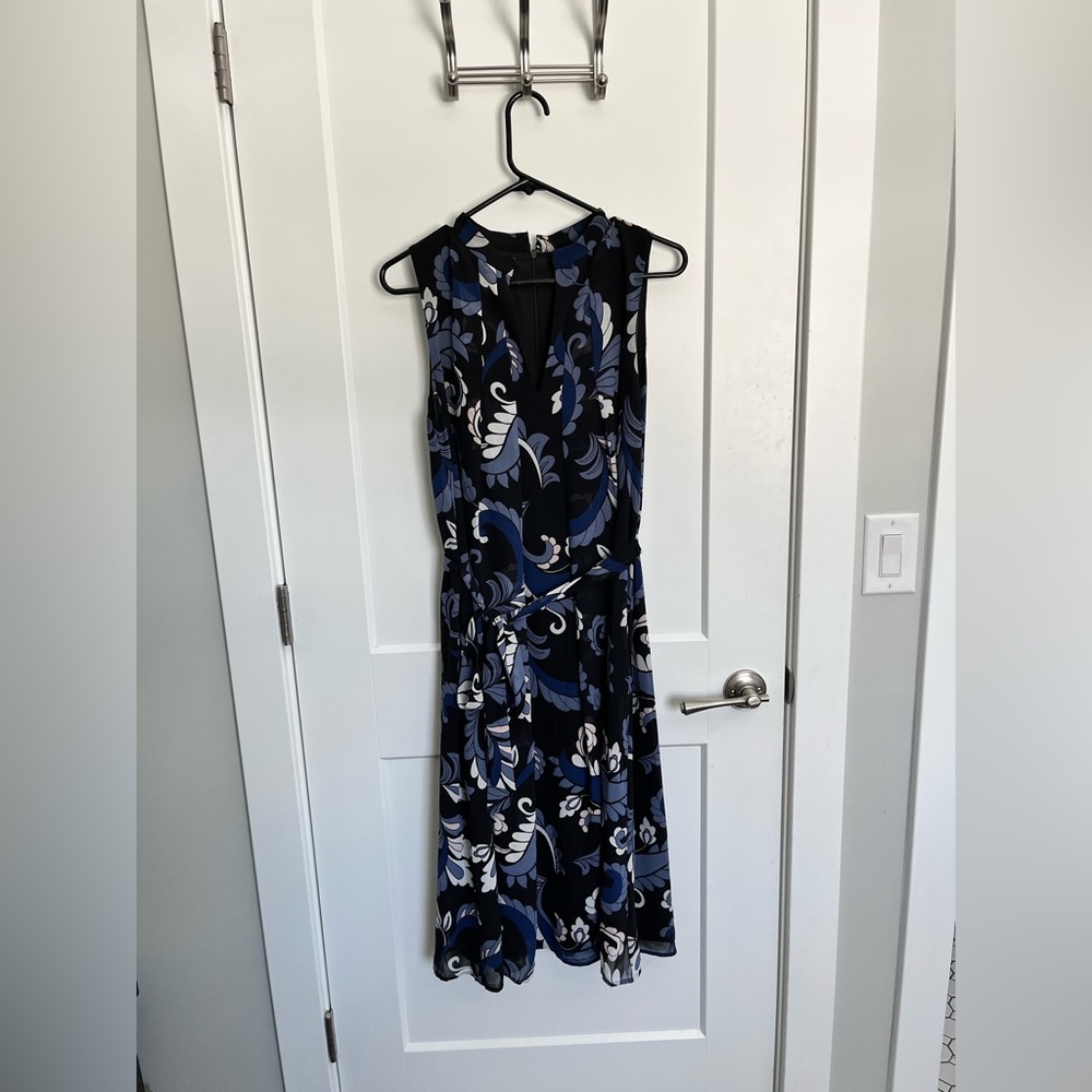 Ann Taylor Black Dress with Tie Waist and Blue and White Pattern, Size 8